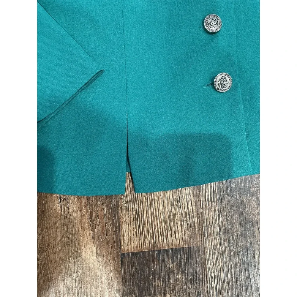 VTG Leslie Fay Skirt Set Green Navy‎ Pleated Blazer Skirt Cottagecore Grandma 12